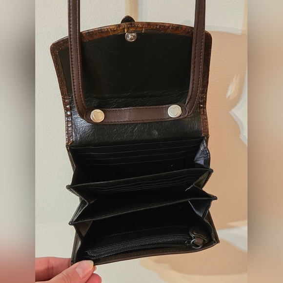 Brighton Crossbody Wallet In Black Leather With Brown Crocodile Embossed Design - Picture 12 of 17